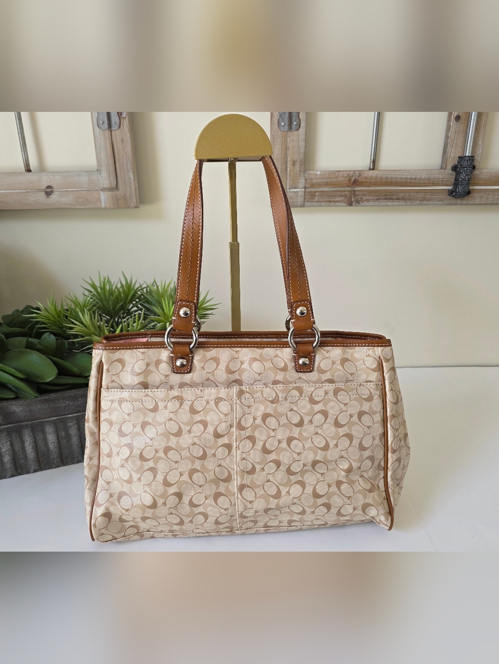 Coach Chelsea Bias Tote Signature C Khaki Tan Coated Canvas Leather Trim-NWT - Picture 3 of 12